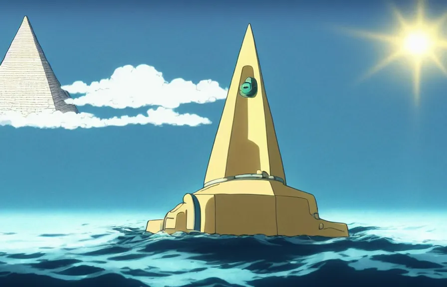 Prompt: a realistic studio ghibli cell shaded cartoon showing a submarine in front of a white pyramid with a gold capstone underwater at the bottom of the sea. shafts of sunlight come from above. wide shot, very dull muted colors, hd, 4 k, hq