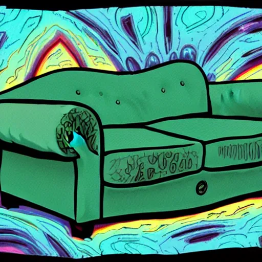 Image similar to couch sofa chesterfield flying through space psychedelic trippy eldritch horror cartoon