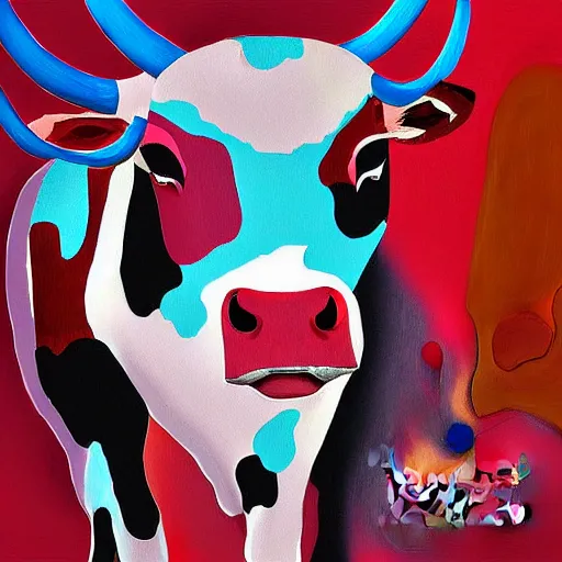 Image similar to half man, half cow, digital art painting, abstract