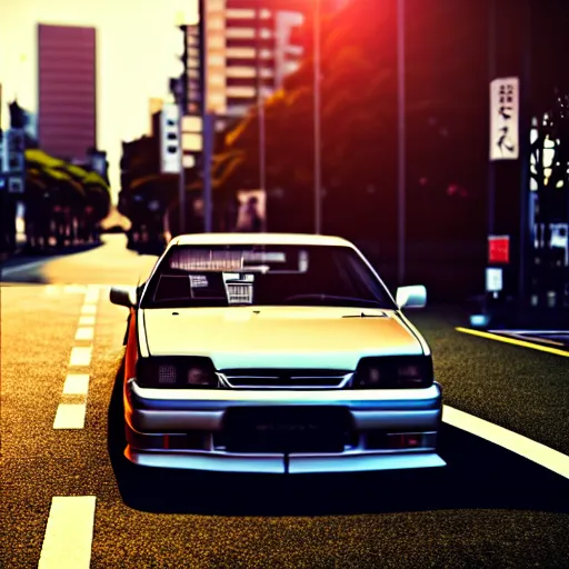 Image similar to a car parked JZX100 at side of road, Shibuya prefecture, city sunset, cinematic color, photorealistic, highly detailed, bokeh, DOF, octane render