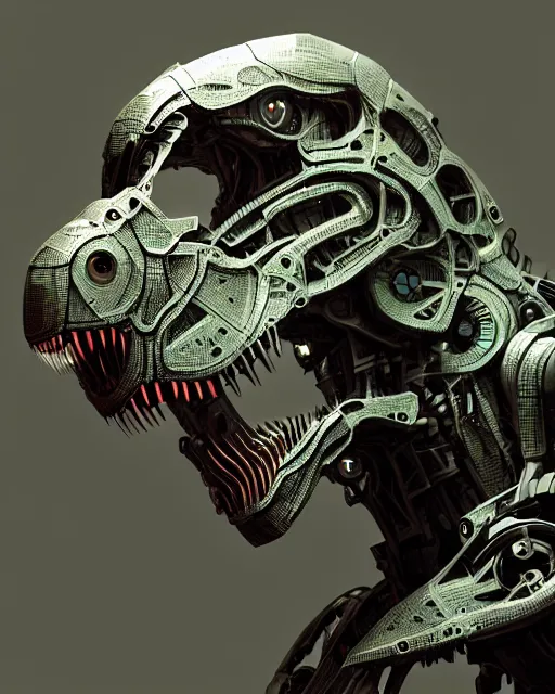 Image similar to mecha male t rex portrait, cyborg, intricate mechanical body, robot eyes, hyper realistic 3 d render by jonas roscinas, peter mohrbacher, greg rutkowski, ryohei hase, dramatic lighting, intricate, highly detailed, sharp focus, luminous, unreal engine, blender, artstation, masterpiece, ray tracing