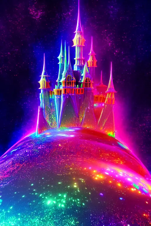 Image similar to iridescent holographic multicolored glitter fantasy castle in space, hyper realistic, ambient lighting, concept art, intricate, hyper detailed, smooth, dynamic volumetric lighting, octane, raytrace, cinematic, high quality, high resolution, 4 k, artstation