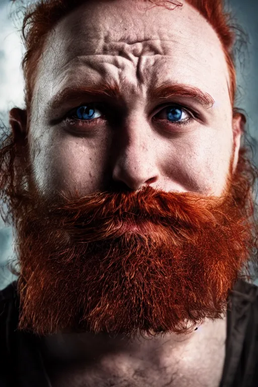 Image similar to man with a third eye in his forehead, a mad scientist with a third eye and wild red hair and beard slightly balding, high resolution film still, 4 k, hdr color