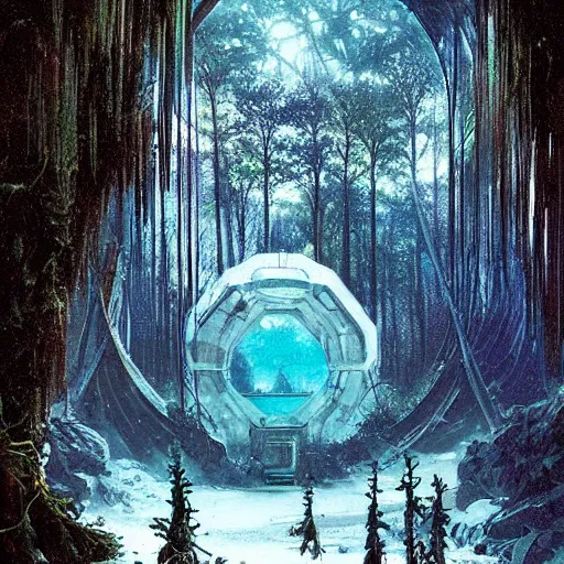 Image similar to frozen derelict portal in a middle of a snowy lush futuristic forest, green lush world seen only through a portal, daylight, cinematic lighting, blue sky, syd mead, john harris