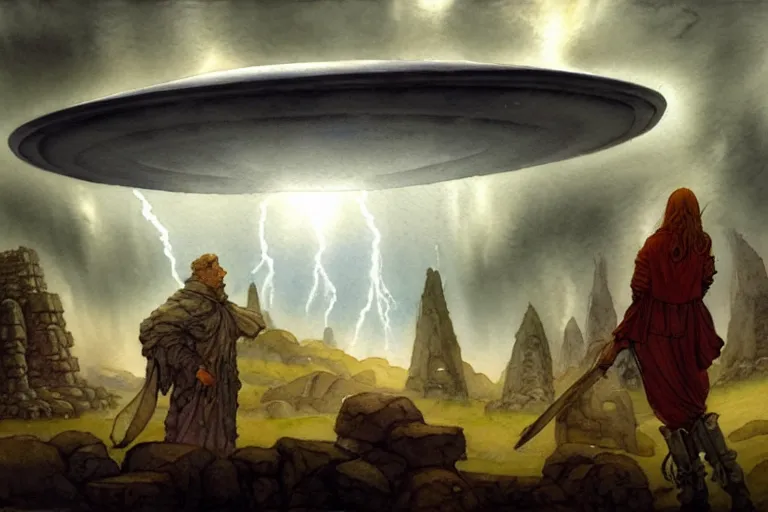 Prompt: a hyperrealist watercolor concept art of a giant ufo in the sky above a megalithic futuristic temple during a thunderstorm. a dirty medieval peasant is in the foreground. very muted colors, by rebecca guay, michael kaluta, charles vess. high detail, hq, wide shot, 4 k