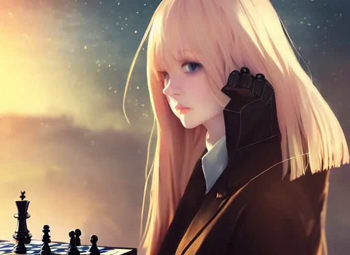 Image similar to a pale girl playing chess, with golden eyes, straight sky blue hair, long bangs, black jacket, high collar, concept art, award winning photography, digital painting, cinematic, by wlop, anime key visual, wlop, 8 k, by ross tran, chengwei pan, paul kwon,