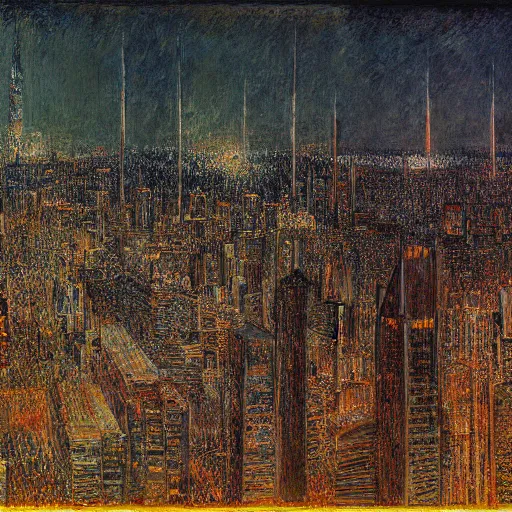 Image similar to Sculpture. A beautiful, but eerie, illustration of a cityscape at night. The buildings are all tall and thin, and they are lit up by a strange light. The sky is deep and dark and there are no stars to be seen. by James Ensor, by Jerry Siegel Sigma 85mm f/1.4