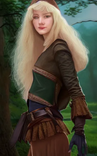 Prompt: a beautiful woman, high cheek bones, half smile, mischievous, bard, brown hair, messy hairstyle, short hair, cream colored peasant shirt, brown pants, leather boots, dark green cloak, round hood, elf ears, youthful, white background, proportionate, by Tony Sart, trending on artstation, realistic, highly detailed, masterpiece