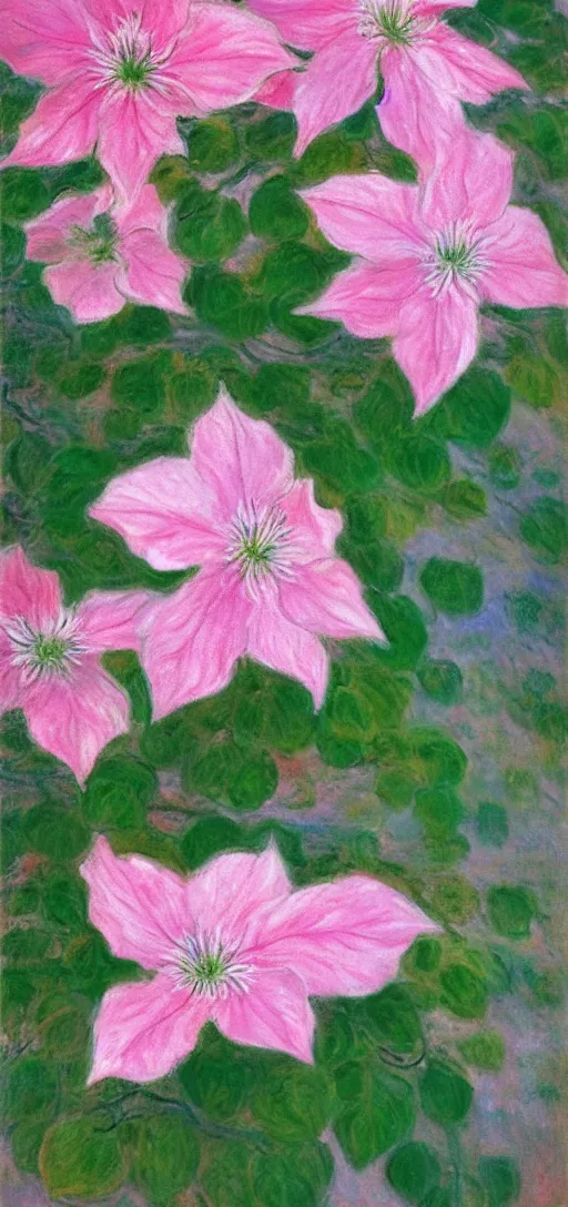 Image similar to beautiful pink dripping clematis by claude monet, oil on canvas