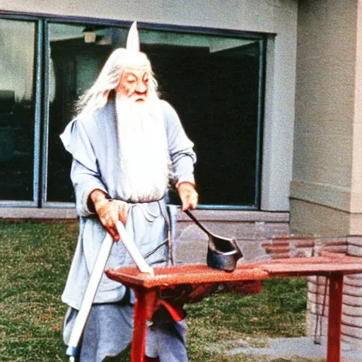 Prompt: Gandalf working as a school janitor circa 1985