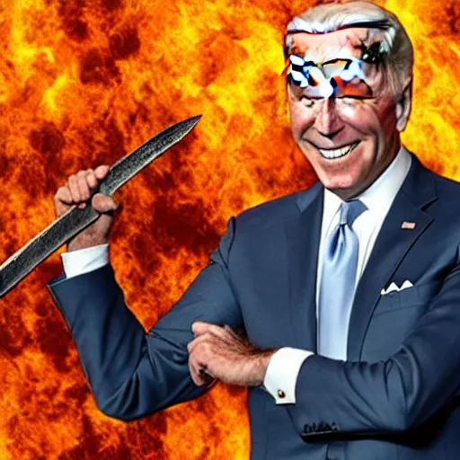 Prompt: Joe Biden wielding a flaming sword