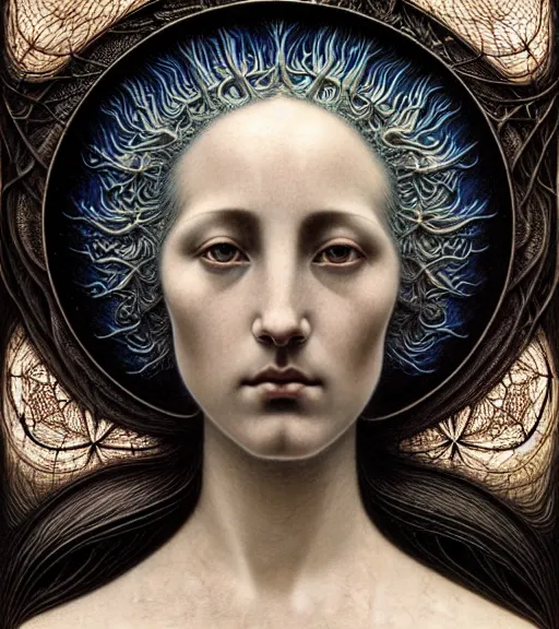 Image similar to detailed realistic beautiful night goddess face portrait by jean delville, gustave dore, iris van herpen and marco mazzoni, art forms of nature by ernst haeckel, art nouveau, symbolist, visionary, gothic, neo - gothic, pre - raphaelite, fractal lace, intricate alien botanicals, ai biodiversity, surreality, hyperdetailed ultrasharp octane render