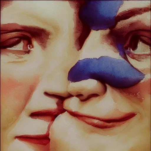 Prompt: a very funny fellini cinematic style. of a sweet fat old woman kissing her reflection. symmetrical face, red mouth, blue eyes. a flowered dress. a hyper - realistic scene. 3 d, octane processing, deep focus, white scene. a very funny and sweet picture. unreal engine. watercolor. freud painting style