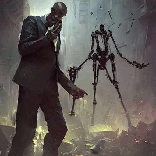 Image similar to Depreased Man in suits killing demon with his robotic arm, digital art by Tony Sart and Greg Rutkowski, trending on cgsociety