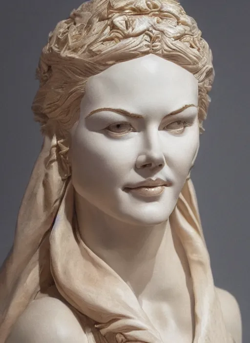 Prompt: high intricate bust of an nicole kidman [ 1 9 9 5 ] carved from wood in baroque style, studio light, maria panfilova, andrea savchenko, mike kime, ludovic plouffe, qi sheng luo, oliver cook, trending on artstation