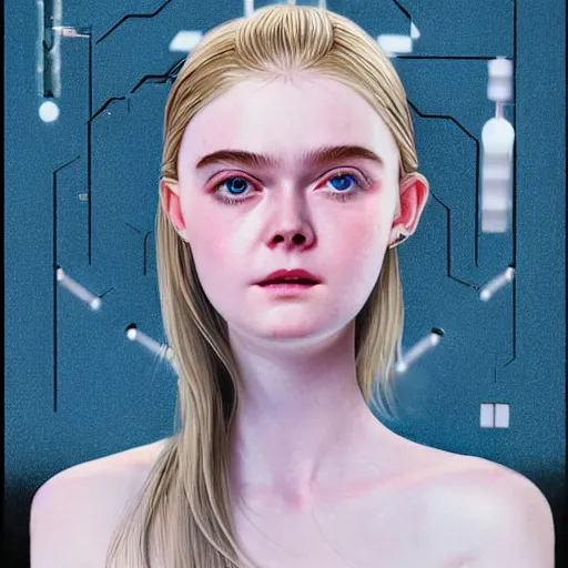 Image similar to a striking hyper real illustration of Elle Fanning with cybernetics by Gustavo Doré