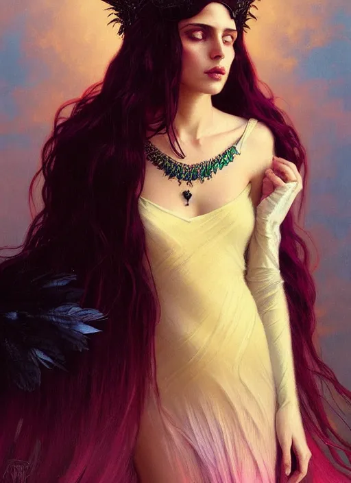 Prompt: ombre velvet gown, black, feathers, lovely bohemian princess, portrait, long hair, tiara, dozens of jeweled necklaces, feral languid woman, by greg rutkowski, brom, anato finnstark, alphonse mucha