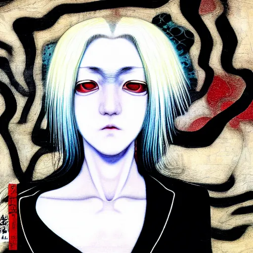 Image similar to yoshitaka amano blurred and dreamy realistic three quarter angle portrait of a woman with white hair and black eyes wearing dress suit with tie, junji ito abstract patterns in the background, satoshi kon anime, noisy film grain effect, highly detailed, renaissance oil painting, weird portrait angle, blurred lost edges