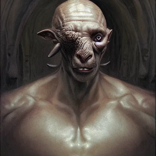 Image similar to vladimir putin, anthropomorphic bald prehistoric goat, vladimir putin hybrid, vladimir putin is mutant, toothless, horror, macabre by donato giancola and greg rutkowski and wayne barlow and zdzisław beksinski, realistic face, digital art