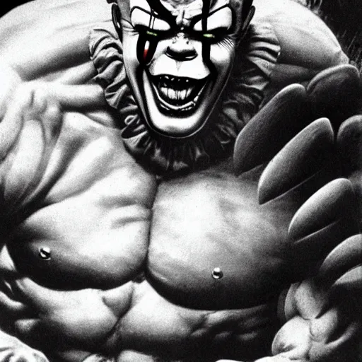 Image similar to frank frazetta the hulk as pennywise, whole body shot, 8 k, realistic, photo real, smooth, sharp, intricate detail, hyper detail, dramatic lighting, dramatic shading