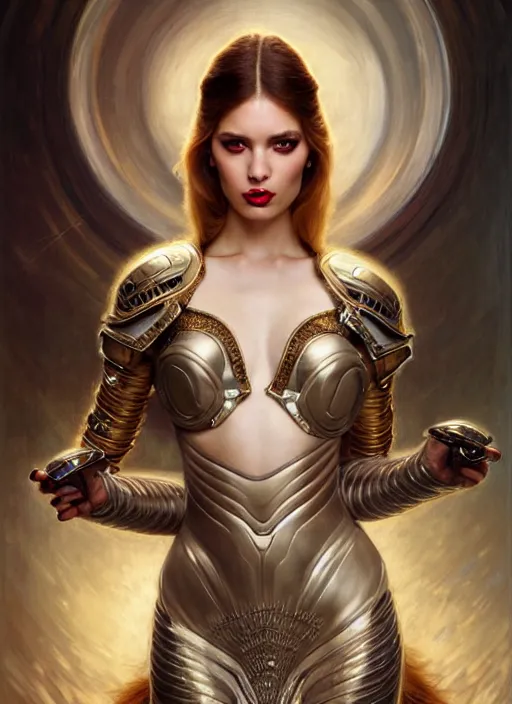 Prompt: glamorous warrior portrait, seductive eyes and face, elegant, lascivious pose, very detailed face, studio lighting, photorealism, wearing futuristic armor , portrait by Magali Villeneuve and Steve Argyle,Livia Prima,Mucha,dress,fantasy art,beautiful,artstation,trending on artstation,intricate details,alluring,masterpiece