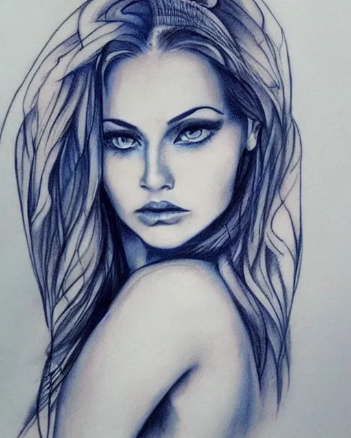 Image similar to tattoo design sketch of a beautiful blue - eyed woman face with a faded background of beautiful mountains on her side, hyper - realistic, in the style of den yakovlev, amazing detail, black and white