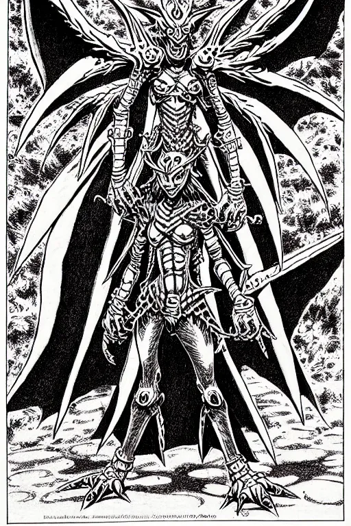 Prompt: the digimon lady devimon as a d & d monster, full body, pen - and - ink illustration, etching, by russ nicholson, david a trampier, larry elmore, 1 9 8 1, hq scan, intricate details, stylized border