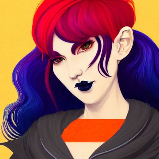 Prompt: illustrated portrait of ram-horned devil woman with blue bob hairstyle and her tangerine colored skin and with solid black eyes wearing leather by rossdraws