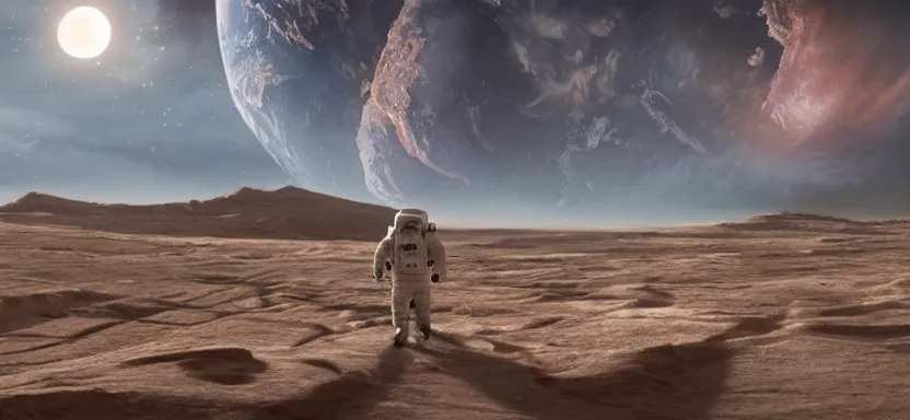 Image similar to matte painting of an astronaut walking in a marcian landscape, at the background is the earth