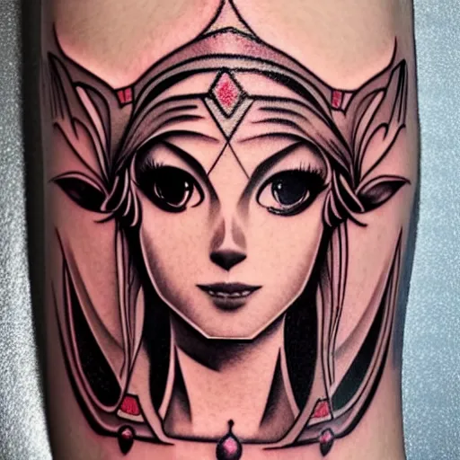 Image similar to tattoo design, stencil, portrait of princess zelda by artgerm, symmetrical face, beautiful, triforce