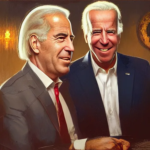 Prompt: Canary Island, Beautiful face Portrait of Jeffrey Epstein and Joe Biden drinking together, powerful , magic, thunders, dramatic lighting, intricate, wild, highly detailed, digital painting, artstation, concept art, smooth, sharp focus, illustration, art by artgerm and greg rutkowski and alphonse mucha, footage from space camera