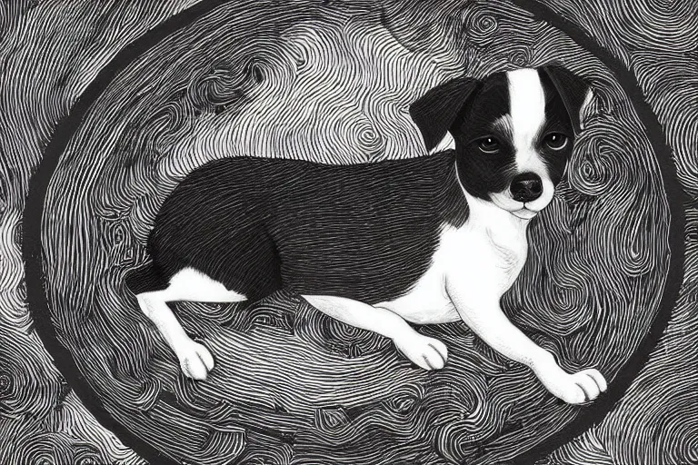 Image similar to cute black and white jack russel terrier laying on dog bed, large round eyes, concept art, fantasy illustration, sketch by victo ngai and diego gisbert llorens