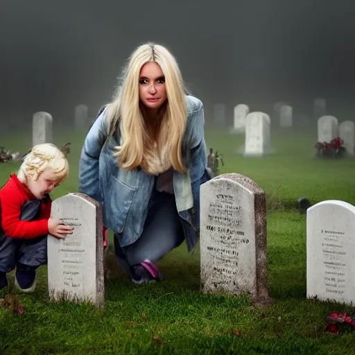 Prompt: a beautiful blonde woman with her kids in a grave yard, fog, scary, realistic, 8k resolution, hyperdetailed, highly detailed, real life, street lighting, high quality