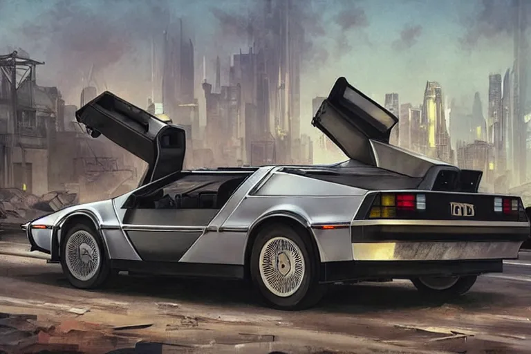 Image similar to photograph of the delorean, with a sleek spoiler, driving down the streets of a cyberpunk abandoned city, by greg rutkowski, by stanley artgerm, by alphonse mucha