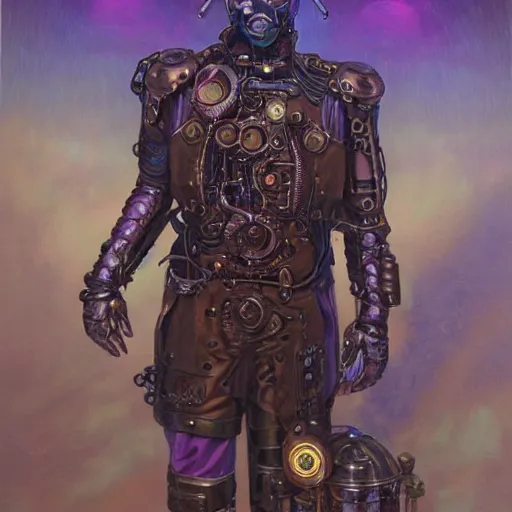 Image similar to portrait of a bronze steampunk android that emits purple fog, by donato giancola