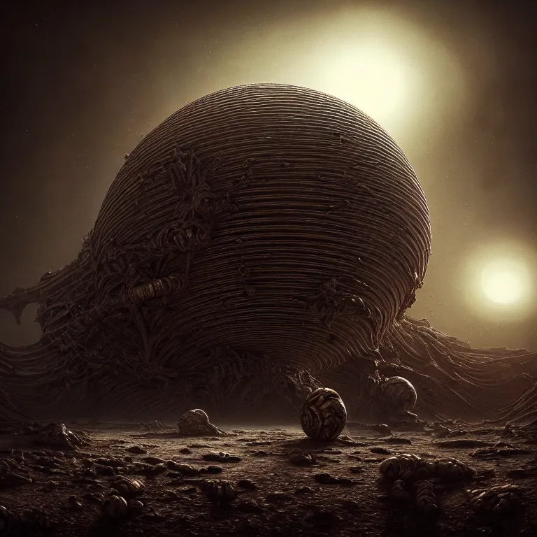Image similar to ribbed surreal abandoned alien spaceship on exoplanet, covered in a desolate empty wasteland, creepy, nightmare, dream-like heavy atmosphere, surreal abandoned buildings, beautiful detailed intricate insanely detailed octane render trending on Artstation, 8K artistic photography, photorealistic, chiaroscuro, Raphael, Caravaggio, Beksinski, Giger