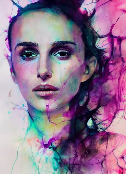 Image similar to nathalie portman by agnes cecile, pastel light colours, ink drips, autumn lights