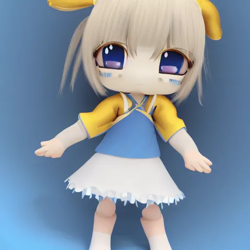 Image similar to cute fumo plush of a girl in a blue and gold dress pointing at the camera, high quality material bssrdf, vray, anime girl