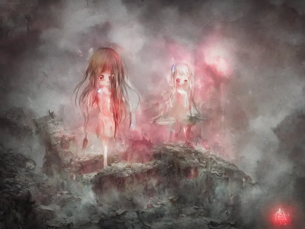 Prompt: dreamlike nightmare watercolor painting cute fumo plush girl in tattered ghostly robes with burning red eyes in the flooded watchtower of a fallen civilization in a deep rocky cavern, washed out melting, long glowing wisps of trailing volumetric smoke, runic markings, deep focal depth f / 2. 8, vray