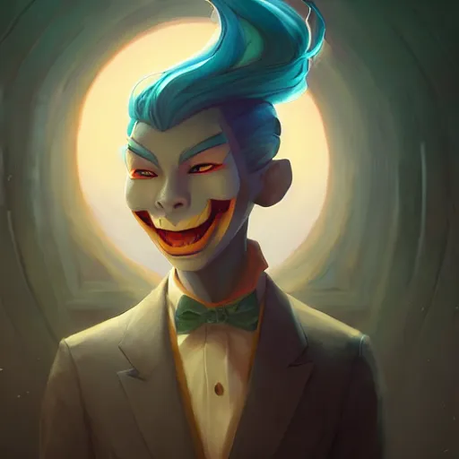 Image similar to a portrait of a cinematic still of the happy mask salesman, art by lois van baarle and loish and ross tran and rossdraws and sam yang and samdoesarts and artgerm and saruei and takaya imamura, digital art, highly detailed, intricate, sharp focus, trending on artstation hq, deviantart, unreal engine 5, 4 k uhd image