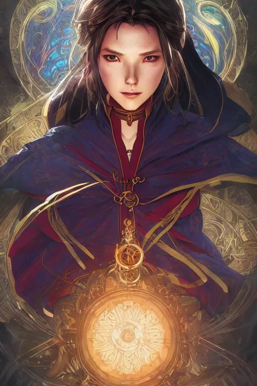 Image similar to anime key visual of a beautiful young female doctor strange, marvel comics, spells, magic, intricate, magical village, stunning, highly detailed, digital painting, artstation, smooth, hard focus, illustration, art by artgerm and greg rutkowski and alphonse mucha