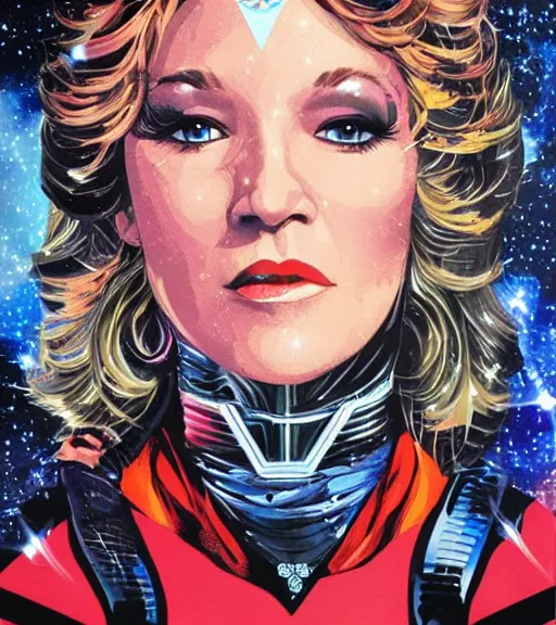 Prompt: portrait of young Tanya Tucker as a female space priestess, by DC comics and Sandra Chevrier