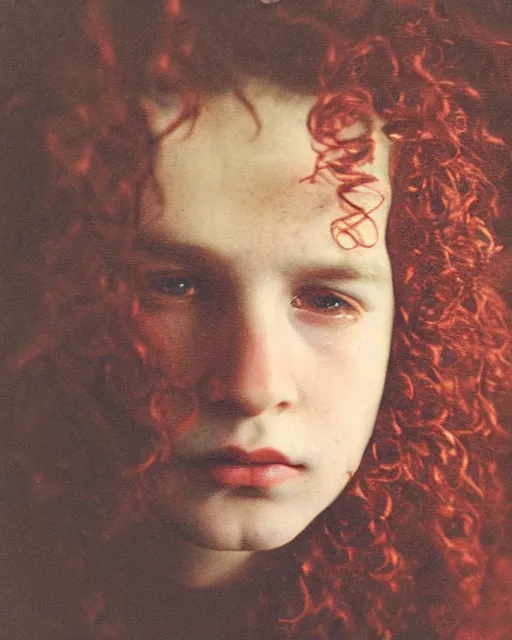 Image similar to an instant photo of a beautiful but sinister young man in layers of fear, with haunted eyes and curly hair, 1 9 7 0 s, seventies, delicate embellishments, a little blood, crimson, painterly, offset printing technique, mary jane ansell