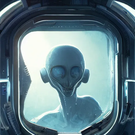 Prompt: An alien looking out of a window in space on a spaceship, illustrated by Greg Rutkowski, sci-fi art, photorealistic details, intricate details, 4k, 8k.