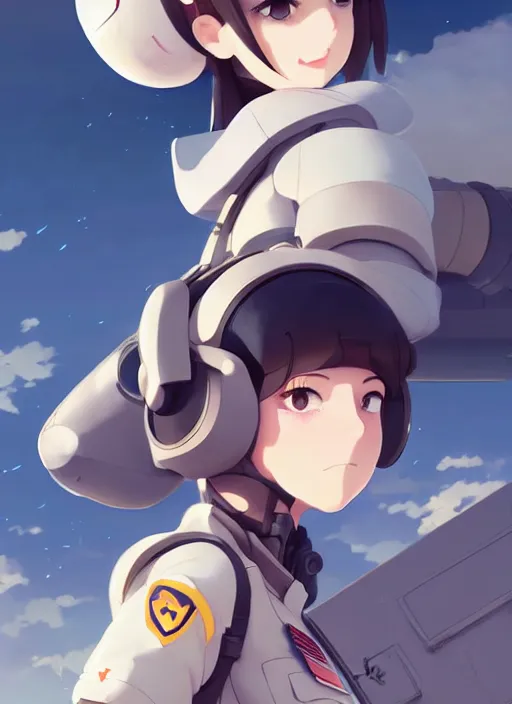 Image similar to portrait of cute pilot girl, smoky sky background, urban landscape, illustration concept art anime key visual trending pixiv fanbox by wlop and greg rutkowski and makoto shinkai and studio ghibli and kyoto animation, soldier clothing, military gear, airplane robot, cyborg, gapmoe yandere grimdark