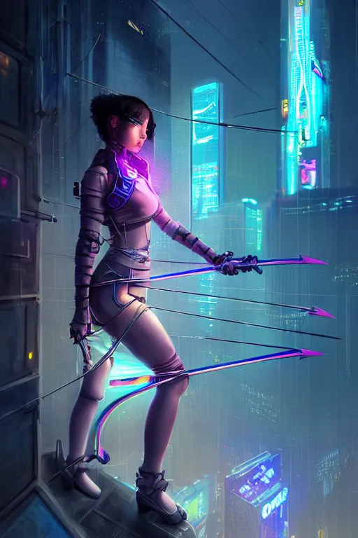 Image similar to portrait futuristic adorable cyberpunk young female Archer, in futuristic stormy thunder light tokyo rooftop cyberpunk night, ssci-fi, fantasy, intricate, very very beautiful, elegant, neon light, highly detailed, digital painting, artstation, concept art, soft light, hdri, smooth, sharp focus, illustration, art by tian zi and craig mullins and WLOP and alphonse mucha