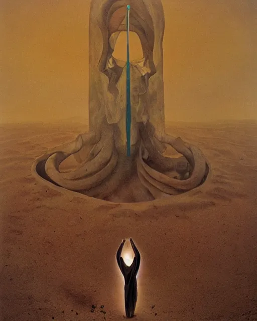 Image similar to a strange big sacred geometry pagan otherworldly monument in the middle of a desert, uncomfortable atmosphere, very expressive, powerful painting, collab by dali, carrington and beksinski