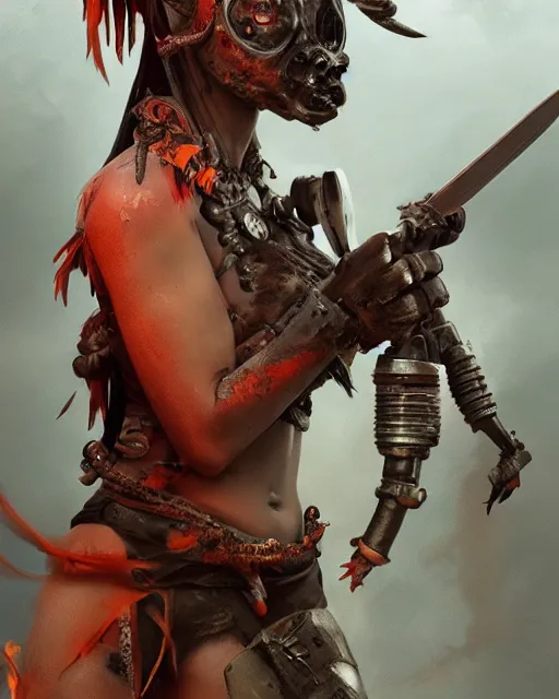 Image similar to hyper realistic photo of postapocalyptic indonesian death cult monk cyborg girl with indonesian demon mask, sword and shield, robot familiar, full body, cinematic, artstation, cgsociety, greg rutkowski, james gurney, mignola, craig mullins, brom