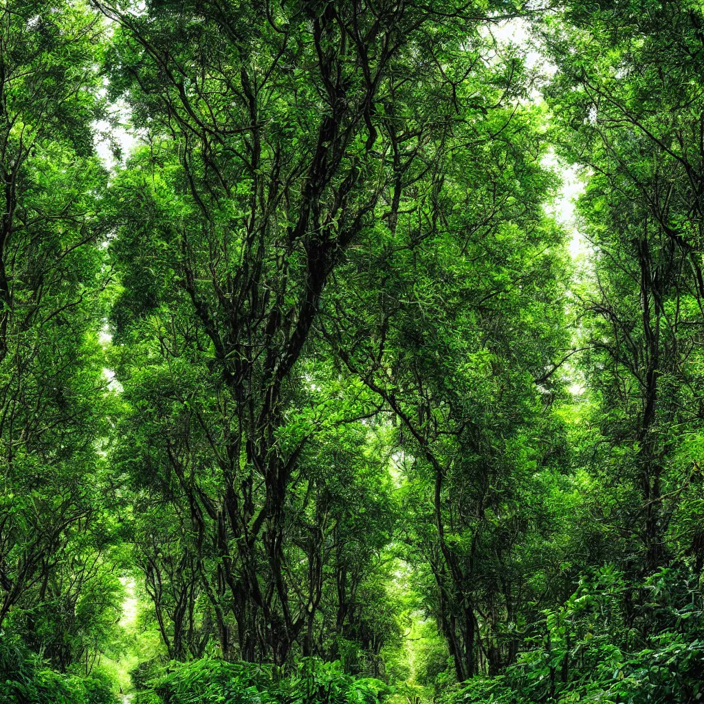 Image similar to a street overgrown with a lush forest