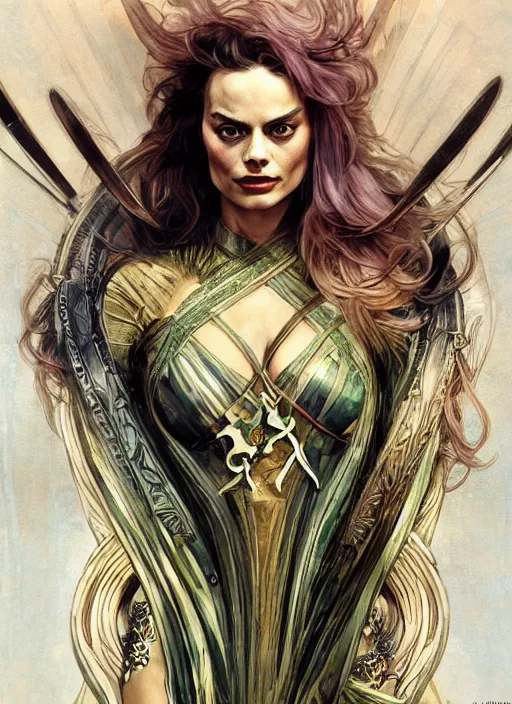 Image similar to Margot Robbie as God of Mischief, brutal, epic, intricate, elegant, highly detailed, digital painting, 4k, HDR, concept art, smooth, sharp focus, illustration, art by alphonse mucha,artgerm, H R Giger